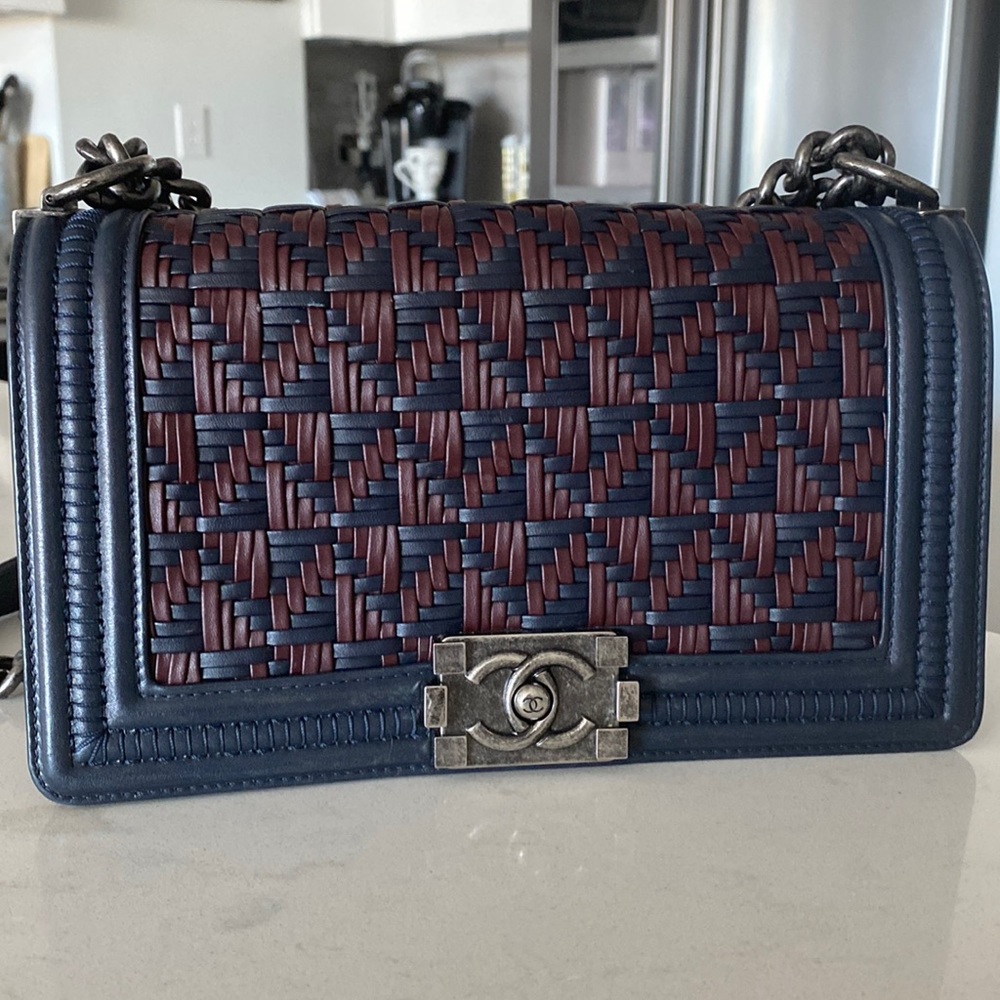 RARE Authentic Old Medium Chanel boy bag navy and maroon